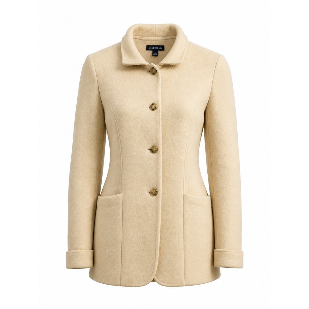 Lands End Boiled Wool Jacket Blazer Cream Ivory Button Front Women 12 Cardigan